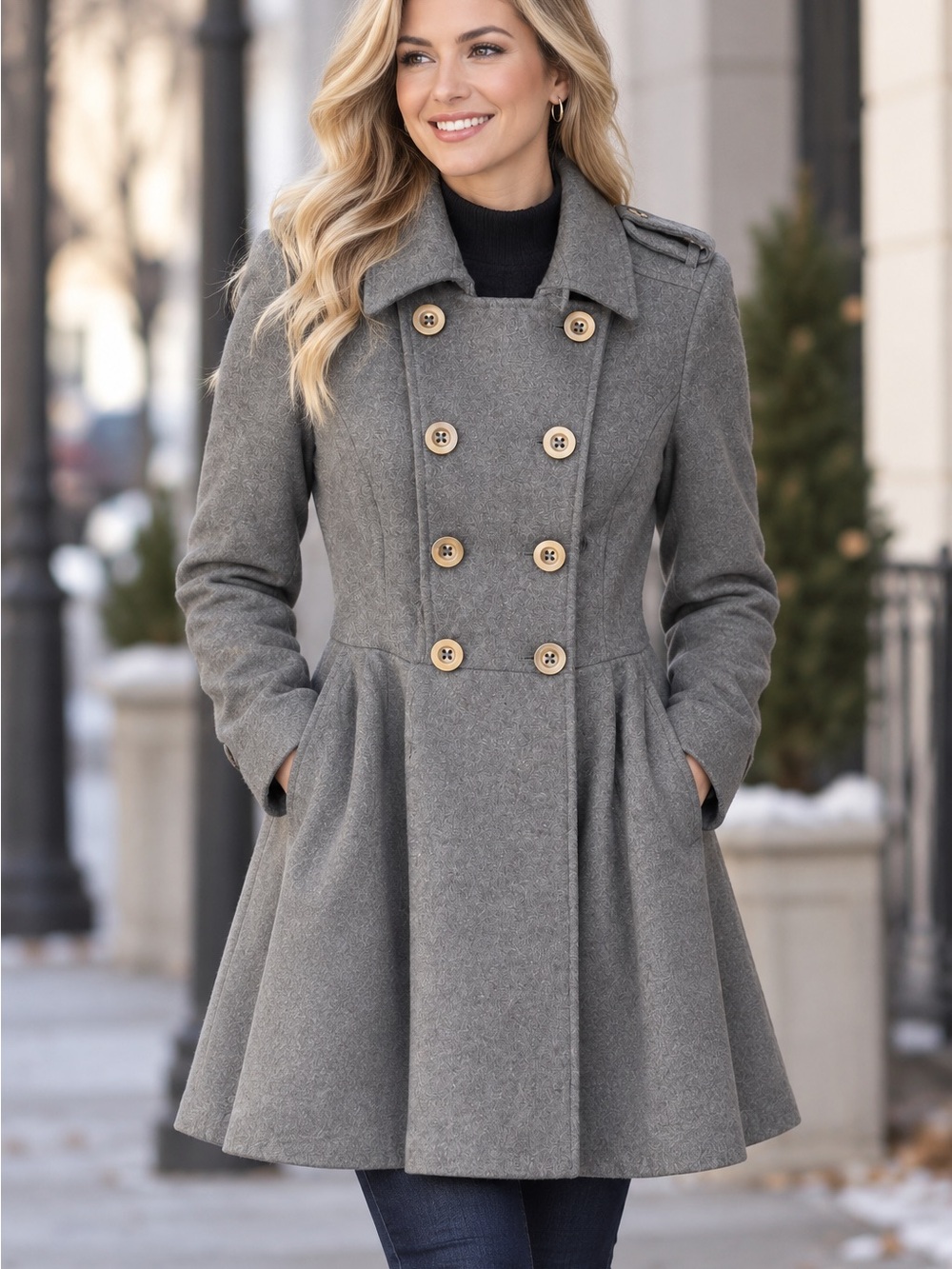 VENUS Gray Double-Breasted Fit-and-Flare Pea Coat
